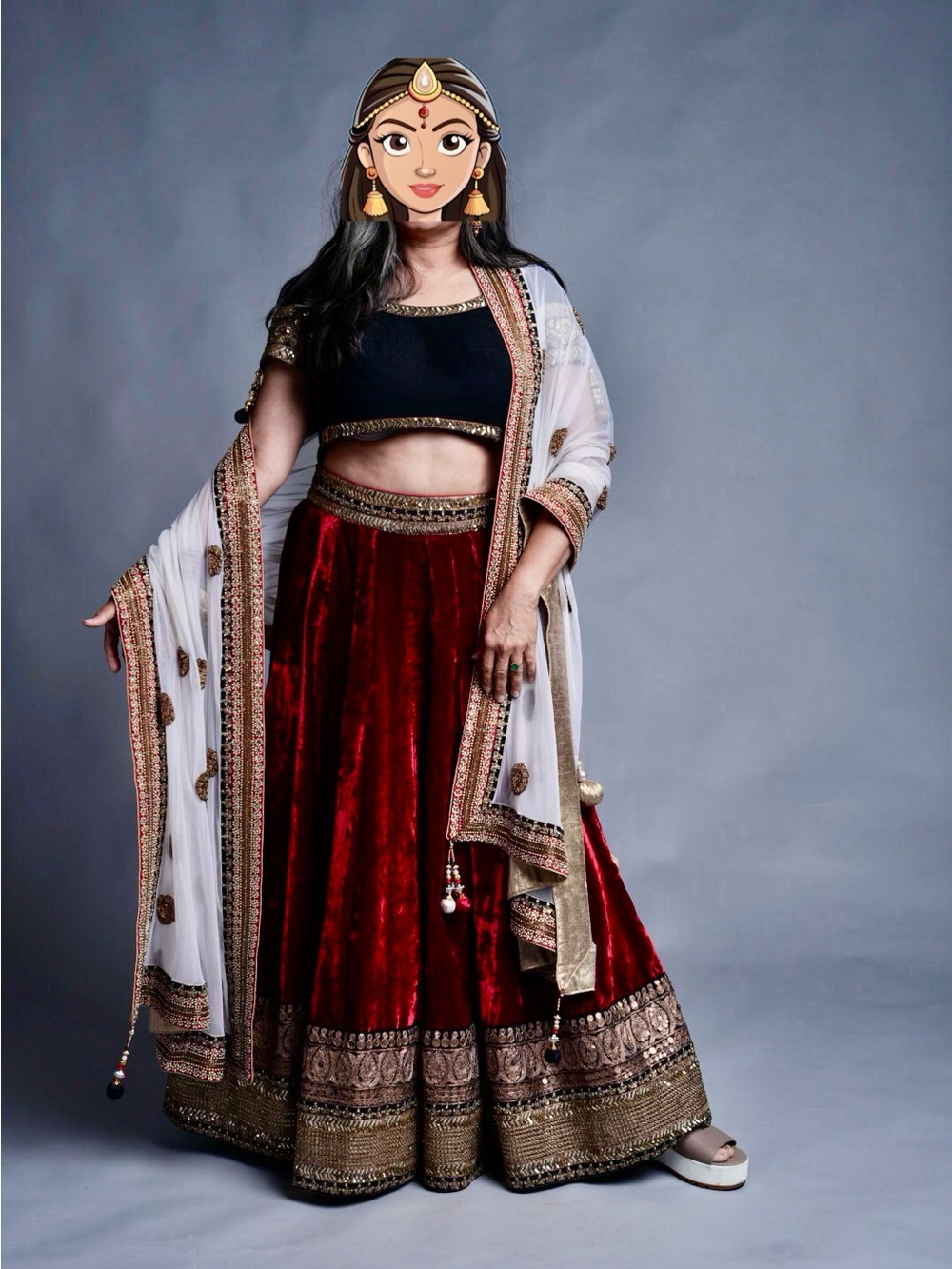 Luxurious Red Velvet A-Line Lehenga with White Embroidered Dupatta